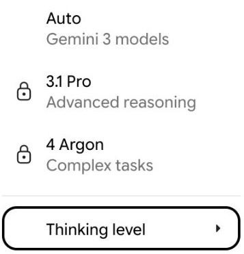 Gemini model menu on a free account: Auto is the only unlocked option; 3.1 Pro and 4 Argon show padlocks