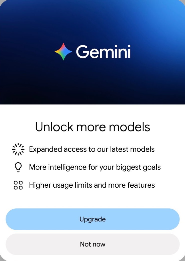 Gemini pop-up titled Unlock more models, with Upgrade and Not now buttons